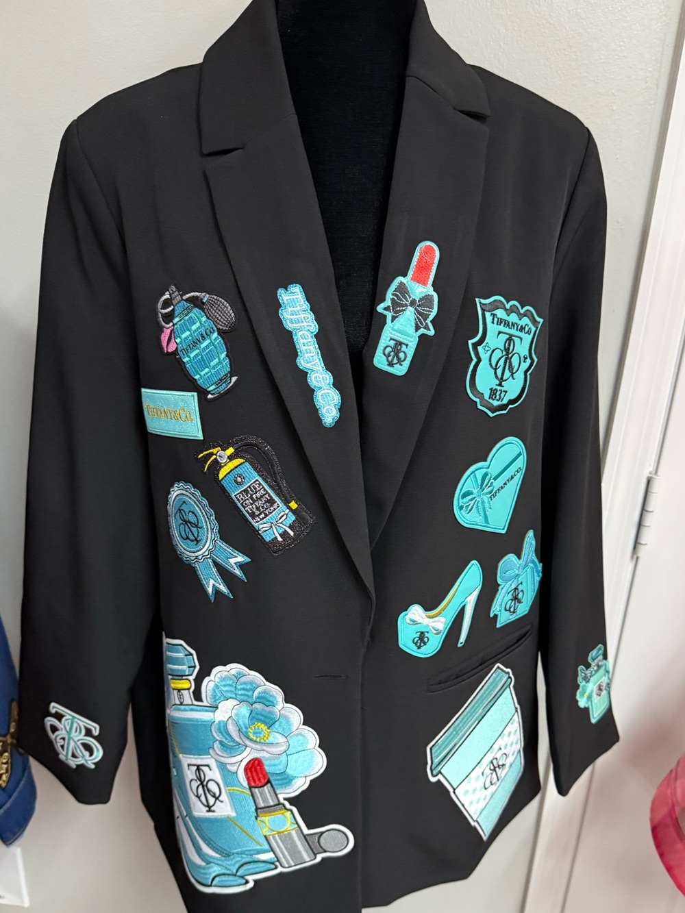Black Women's Blazer with Turquoise Fashion Patches